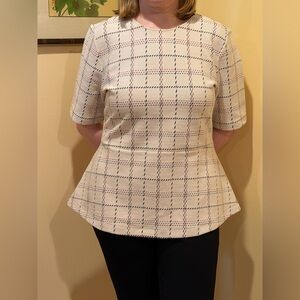 NEW With Tags Ann Taylor Ivory, With Black And Red Grid, Short Sleeve Peplum Top